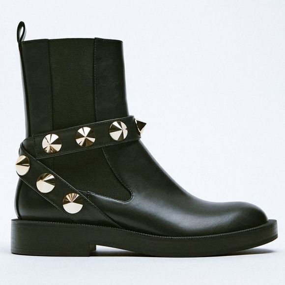 NEW ZARA STUDDED STRAP ANKLE BOOTS BLACK FAUX LEATHER‎ WOMENS SIZE US 7.5 - Picture 1 of 5